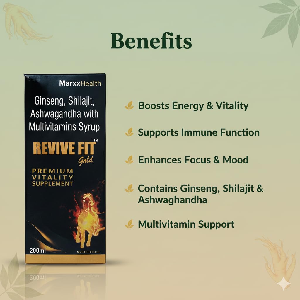 Revive Fit Gold Syrup | Ginseng, Shilajit, Ashwagandha with Multivitamins | Premium Vitality Supplement | Nutraceutical | Syrup 200 ml