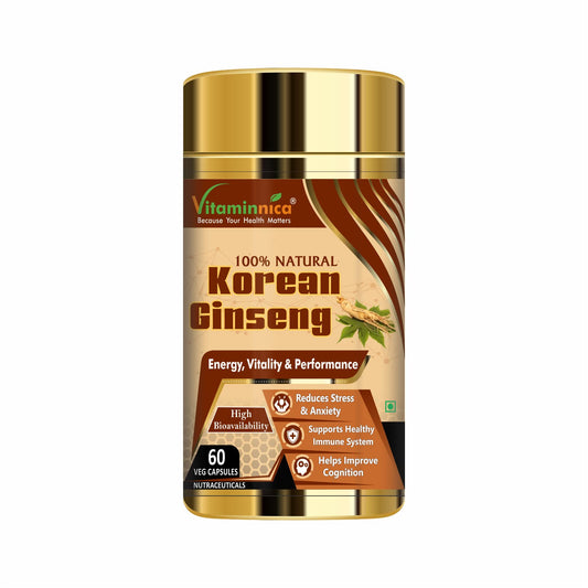 Vitaminnica Korean Ginseng Extract | Supports Stamina, Energy, Vitality, Strength | 60 Veg Capsules (Pack of 1)