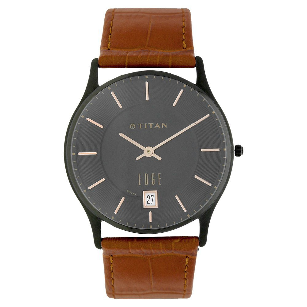 Titan Edge Grey Dial Analog with Date Leather Strap Watch for Men-NS1683NL01/NT1