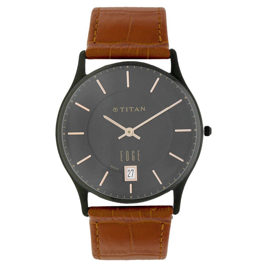 Titan Edge Grey Dial Analog with Date Leather Strap Watch for Men-NS1683NL01/NT1