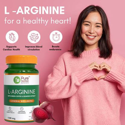 Pure Nutrition L-Arginine 1500mg - 120 Veg Capsules (60x2) | With Green Coffee, Seaweed & Beetroot Extract | Boosts Muscle Growth, Stamina, Heart Health & Blood Circulation | Energy & Endurance Supplement for Men & Women