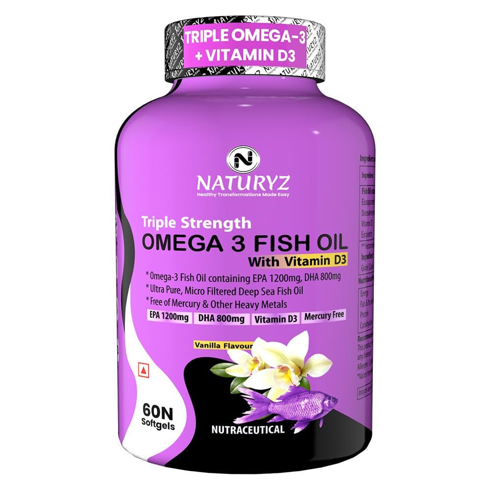 Naturyz Vanilla Flavoured Triple Strength 2500mg Omega 3 Fish Oil with Vitamin D3|Highest Strength 2000 mg Omega 3 Per Serving (EPA 1200mg DHA 800mg) Deep Sea Fish Oil for Unisex-60 Capsules,100 grams