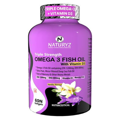 Naturyz Vanilla Flavoured Triple Strength 2500mg Omega 3 Fish Oil with Vitamin D3|Highest Strength 2000 mg Omega 3 Per Serving (EPA 1200mg DHA 800mg) Deep Sea Fish Oil for Unisex-60 Capsules,100 grams