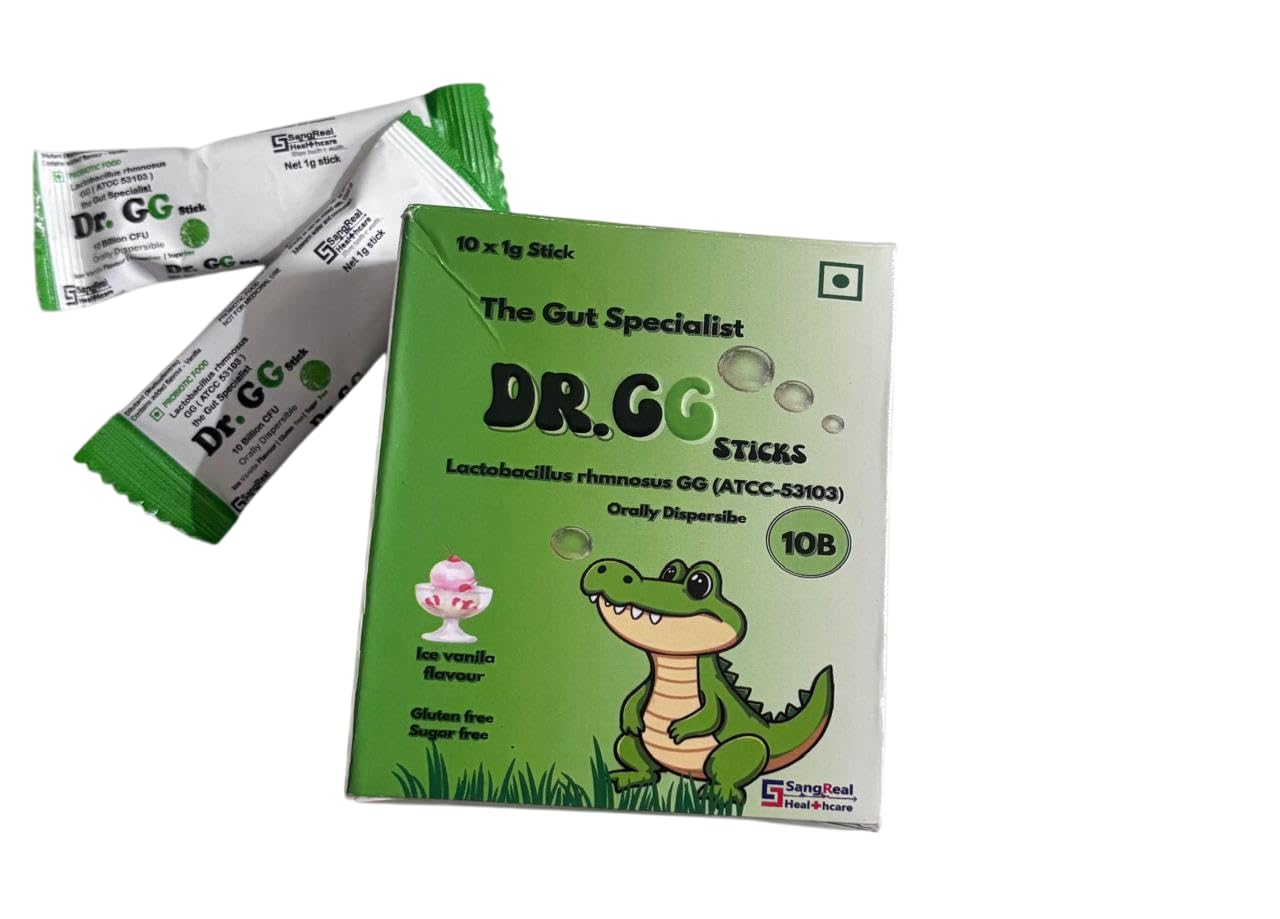 DR GG - Pack of 10 Probiotic sticks of 1g each. Lactobacillus Rhmnosus GG. Ice Vanilla flavor. Orally dispersible. Gluten & Sugar free.