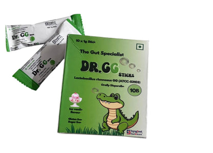 DR GG - Pack of 10 Probiotic sticks of 1g each. Lactobacillus Rhmnosus GG. Ice Vanilla flavor. Orally dispersible. Gluten & Sugar free.