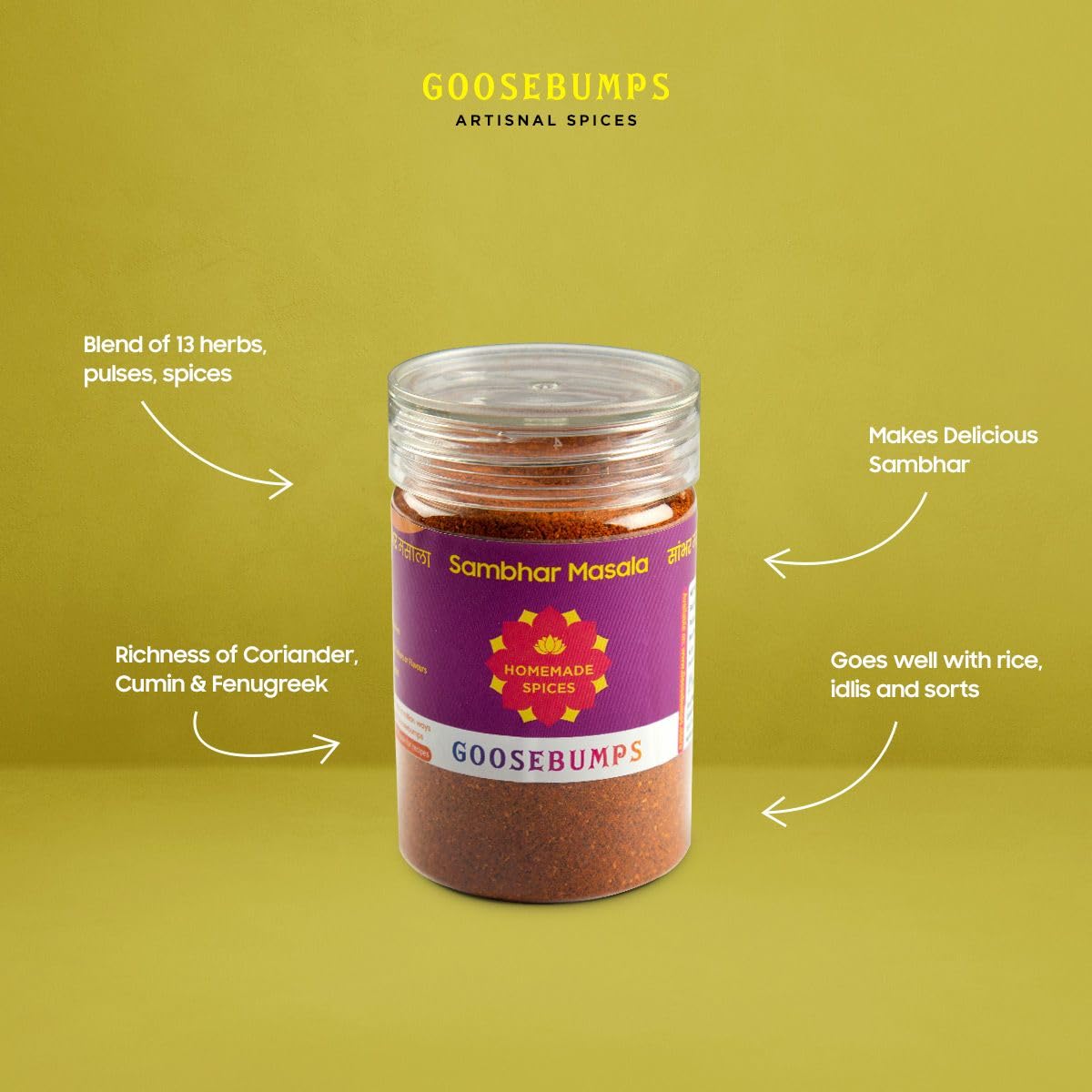 Goosebumps Sambhar Masala | Traditional Sambar Spice Blend |100% Natural Ingredients | Artisanal & Authentic | Vegan Spice | No Bulking Agent, Artifical Colours or Preservatives used, 80 GMS