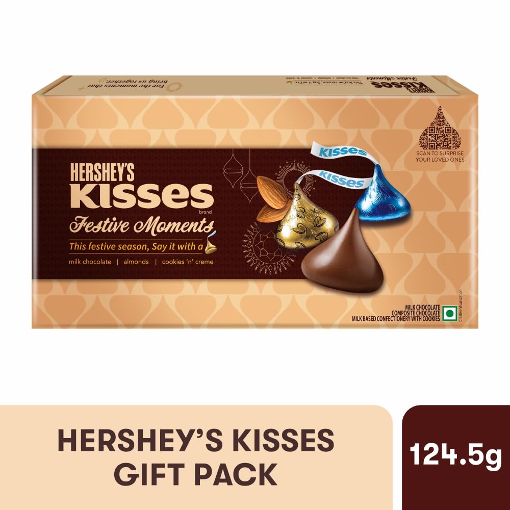 Hershey’s Kisses Diwali Chocolate Tin Gift Pack | Melt-in-Mouth Milk, Almond & Cookies n Crème Chocolates | Festive Gifting Box | 124.5gm