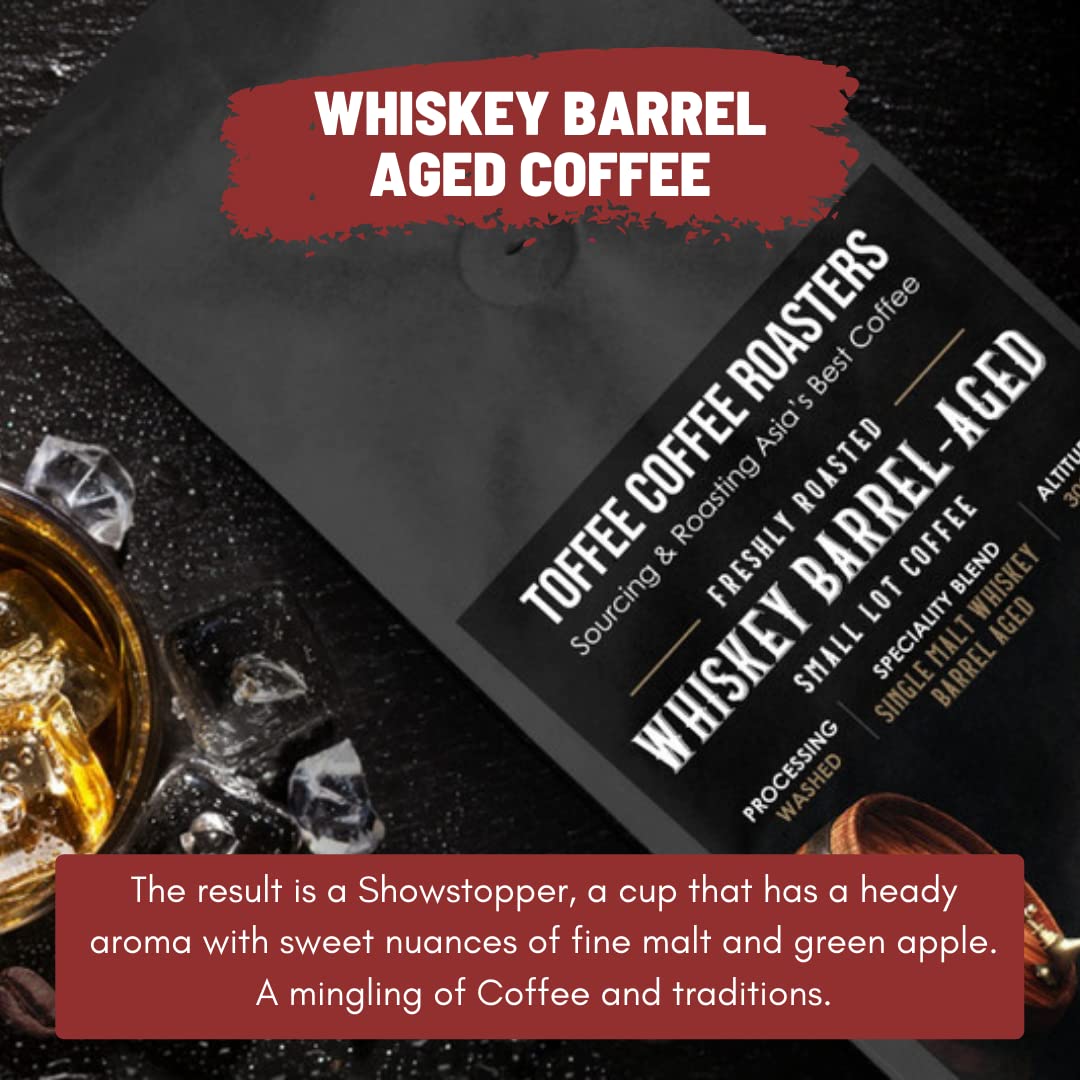 Toffee Coffee Roasters Single Malt Whiskey Barrel Aged-Whole Beans 250g | Medium Dark Roast | 100% Arabica | Specialty Coffee | Freshly Roasted | Notes: Fine Malt and Green Apple