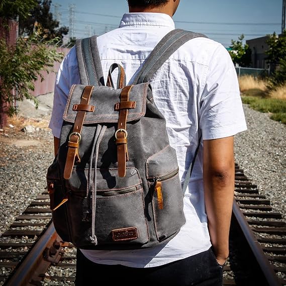 GEARONIC TM 21L Vintage Canvas Backpack for Men Leather Rucksack Knapsack 15 inch Laptop Tote Satchel School Military Army Shoulder Rucksack Hiking Bag Gray