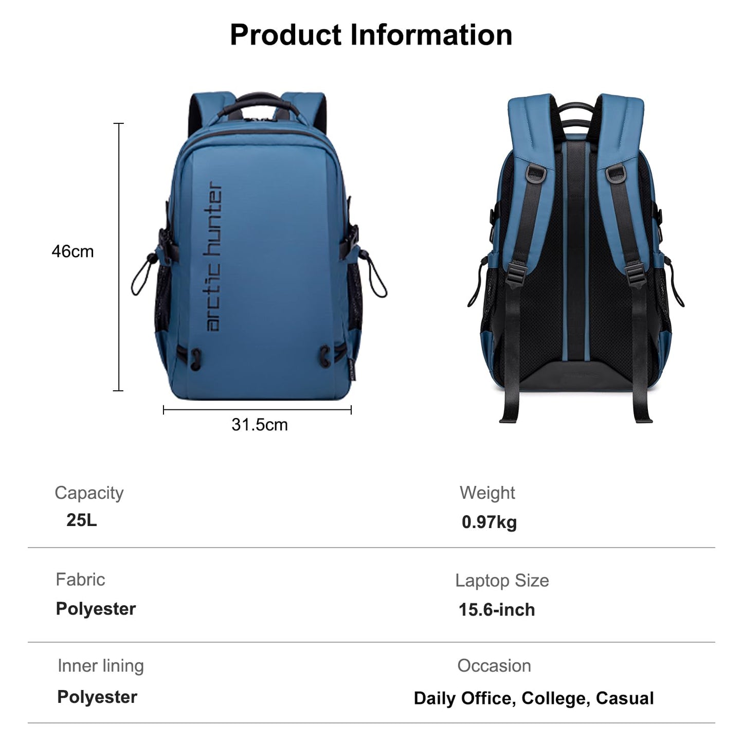 Arctic Hunter Laptop Backpack for Men Women 25L Lightweight Water-resistant Casual Backpack 5 Pockets Sleek 15.6-inch Laptop Bag for Office College Daypack, Blue