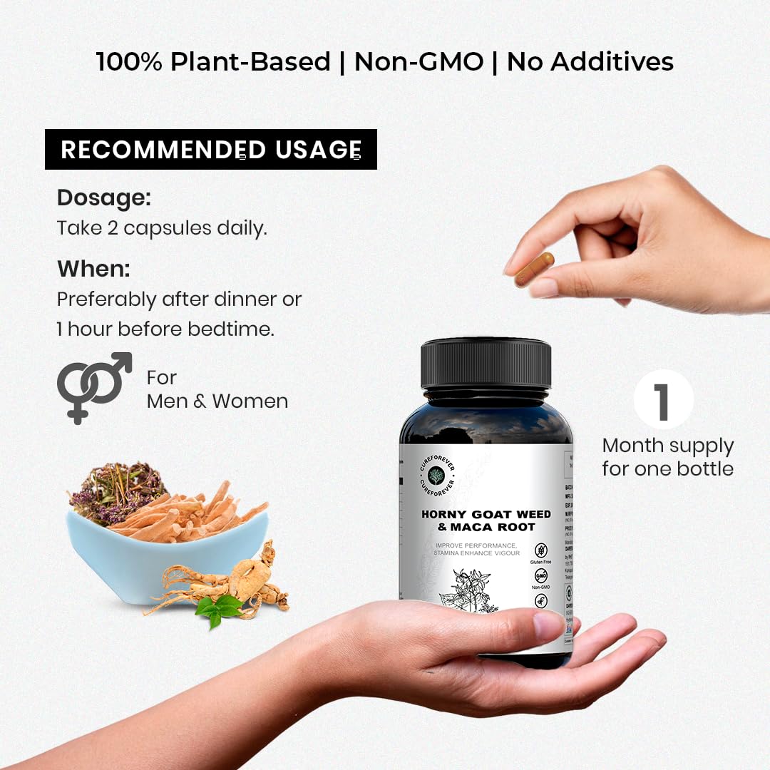 CUREFOREVER Horney Goat Weed, Maca Root & Safed Musli Extract | Safed Musli Capsules for Stamina and Performance - Maca Root to Enhance Vigour - 60 Capsules