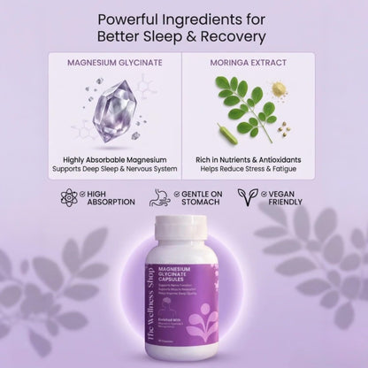 The Wellness Shop Magnesium Glycinate Capsules | High Absorption Supplement | Supports Better Sleep Stress Relief Muscle Recovery and Nerve Health | Helps with Cramps and Relaxation | 90 Veg Capsules