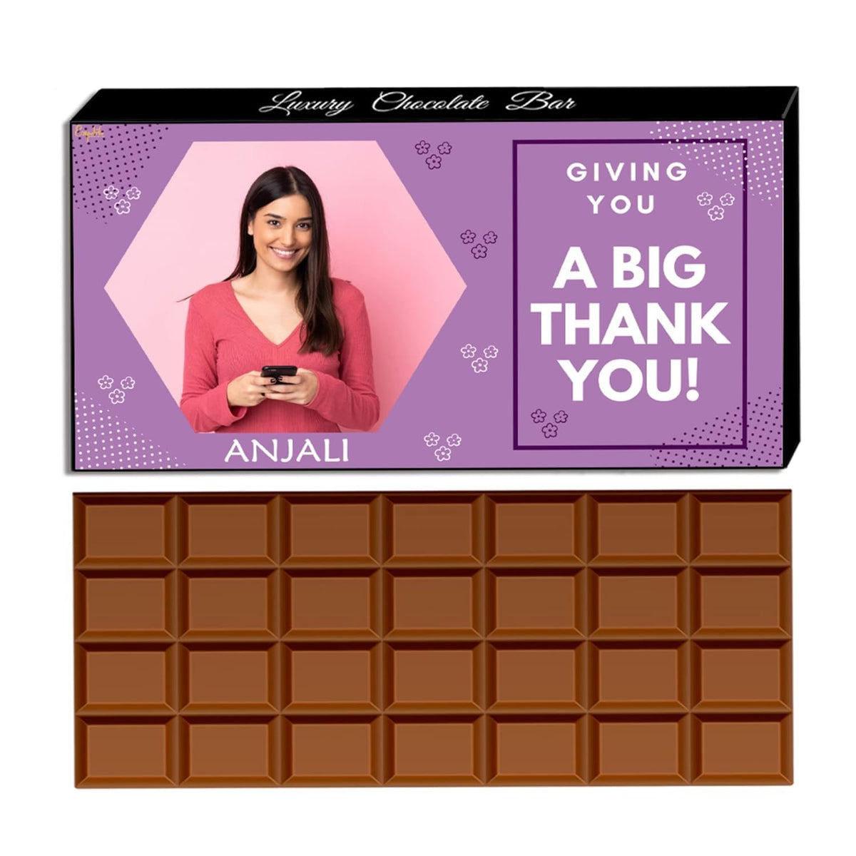 Expelite Personalized Premium Thank You Chocolate And Flowers Gift Box For Her - 100 Grams Chocolate bar