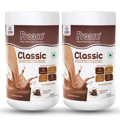 Pro360 Classic Daily Wellness Nutritional Protein Supplement Powder for Men and Women - Instant Beverage Mix - 200+200g (Chocolate) Pack of 2