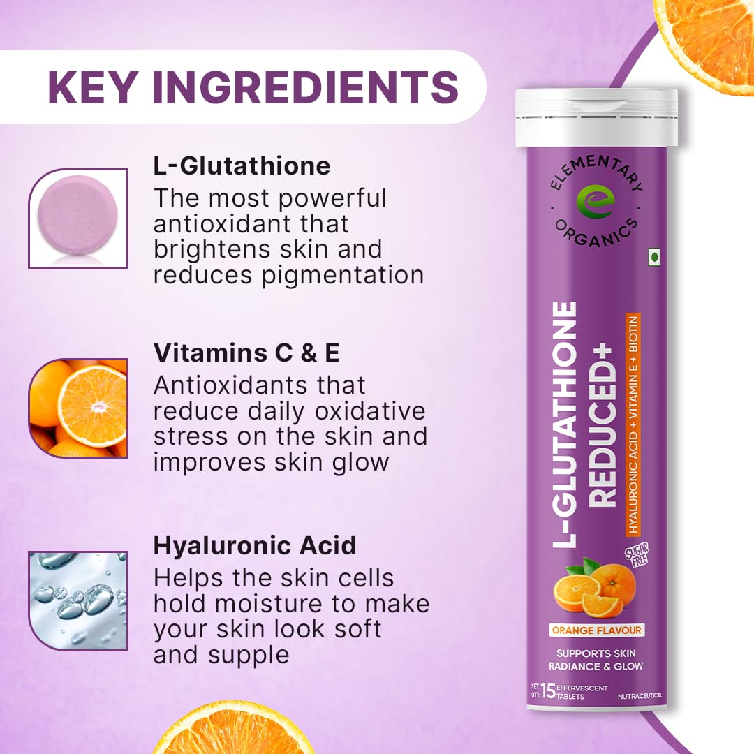 ELEMENTARY ORGANICS Glutathione With Collagen Tablets for Glowing Skin, Radiance, Skin Whitening & Anti Ageing | Hyaluronic Acid, Vitamin C & Vitamin E | 30 Effervescent Tablets