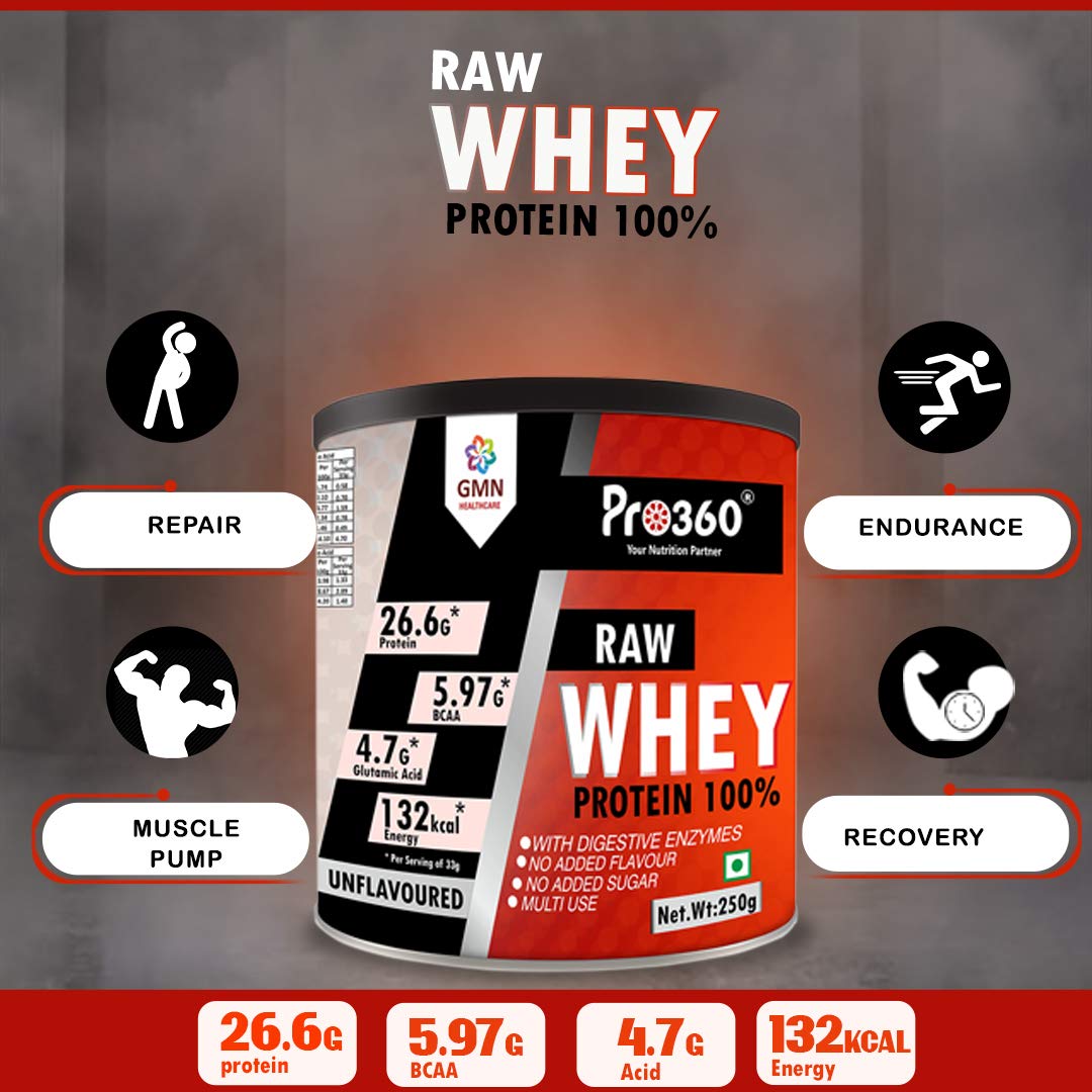 Pro360 Raw Whey Protein – Unflavoured, 250g, 26.6g Protein + 5.97g BCAA per Serving