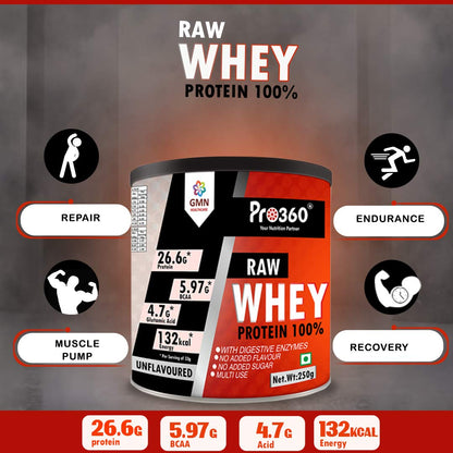 Pro360 Raw Whey Protein – Unflavoured, 250g, 26.6g Protein + 5.97g BCAA per Serving