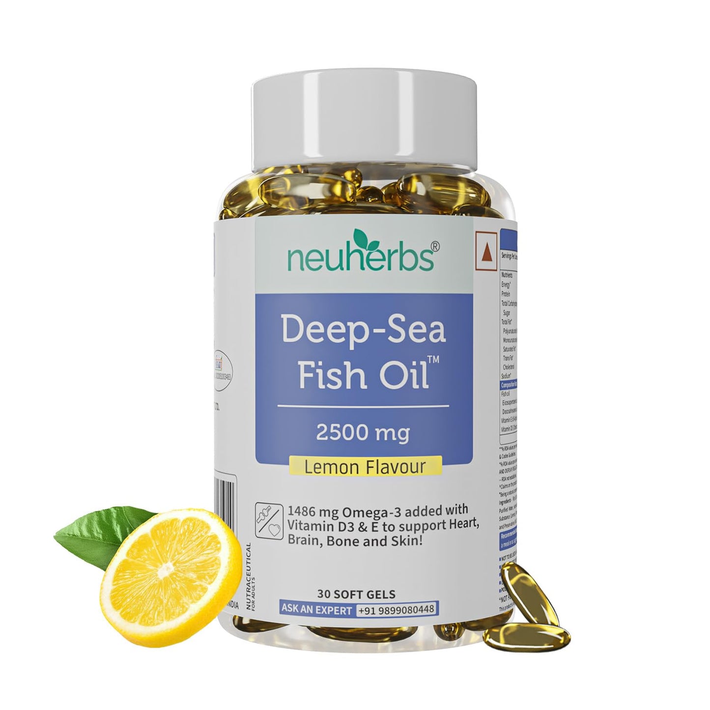 Neuherbs Deep Sea Omega 3 Fish Oil 30 Softgels for Men and Women, Omega 3 Supplement Triple Strength 2500 Mg for Muscle, Joints, Heart & Cognitive Support, No Fishy Burps with Lemon Flavour