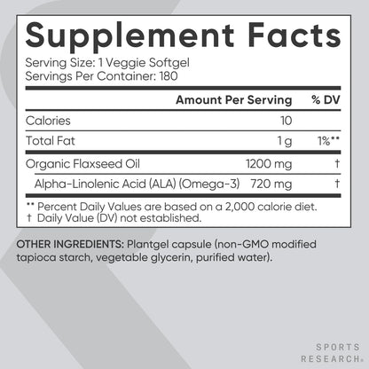 Sports Research Flaxseed Oil with Plant Based Omega's 3, 6 and 9 Vegan Certified and Non-GMO Project Verified (180 Veggie Softgels)