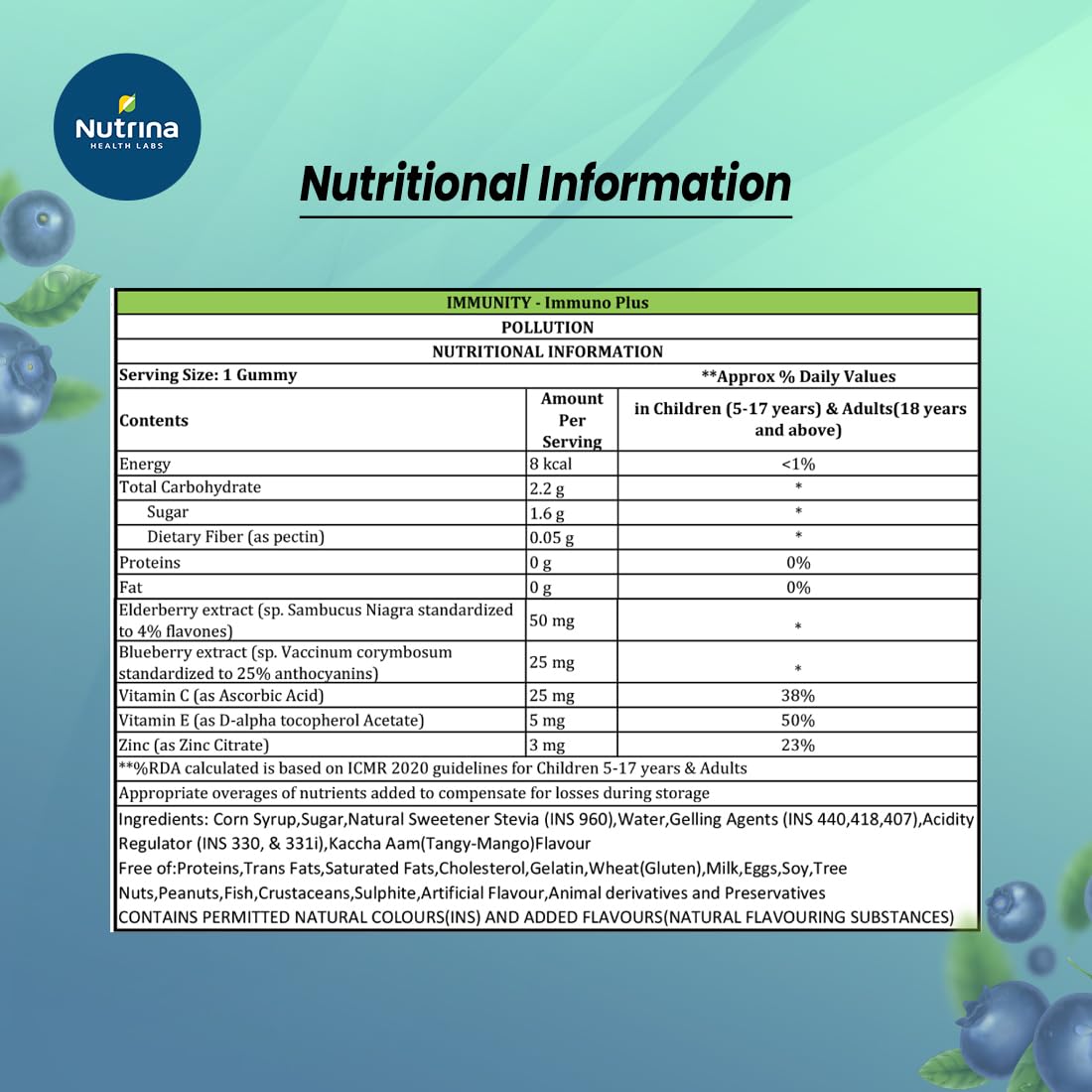 Nutrina Health Labs Immuno Plus Gummies for Men And Women Elderberry, Blueberry Extract, Vitamin C and Zinc Boosts Immunity And Prevents Infections 30 Gummies (Pack of 1)