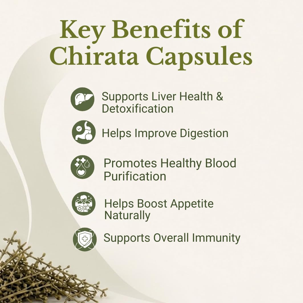 Ayurcaps Chirata Capsules 500mg, Chirayata Whole Plant Extract With 10% Bitter, Supports Liver Health, Digestion And Natural Detox, Supports Blood Purification And Immune Wellness, 60 Veg Capsules