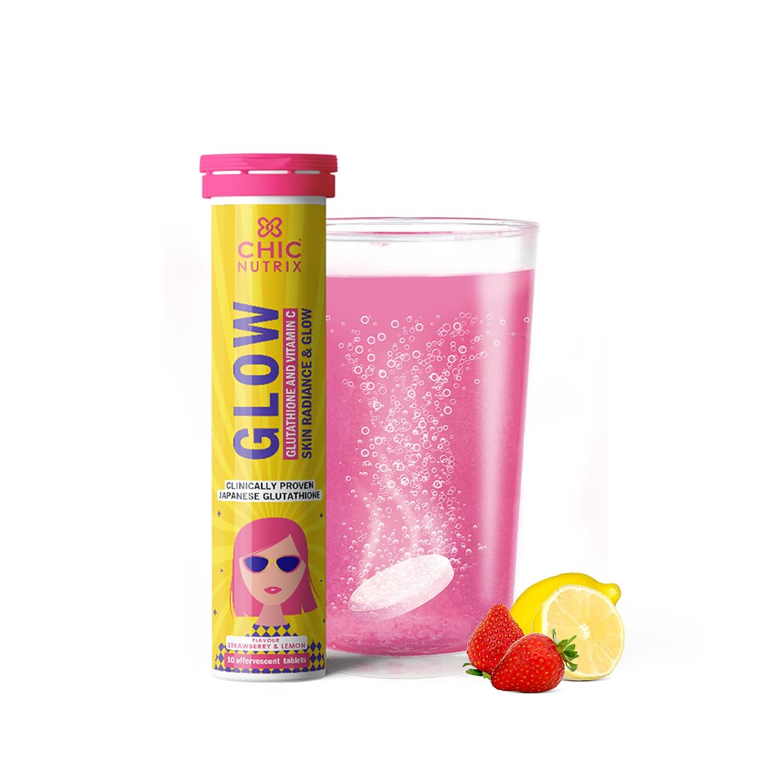 Chicnutrix Glow Glutathione Effervescent Tablets with Vitamin C |Japanese Glutathione 500mg For Radiant, Even-Toned and Glowing Skin | Sugar-Free| Strawberry Lemon Flavour | 10 Tablets