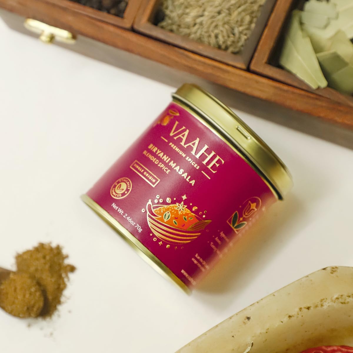 VAAHE Premium Biryani Masala | 17+ Natural Spices | Freshly Ground and Packed | 100% Pure and Natural | Single Origin | Premium Tin Box (70 gm)