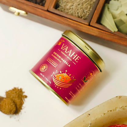 VAAHE Premium Biryani Masala | 17+ Natural Spices | Freshly Ground and Packed | 100% Pure and Natural | Single Origin | Premium Tin Box (70 gm)