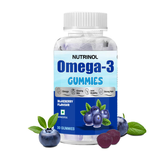 Knoll Healthcare Nutrinol Organics Vegan Omega-3 Flaxseed (145mg) Healthy Bones, Hair & Skin Glwing Skin Joint Strong Hair Veg Soft Gummies for Women & Men (Blueberry Flavour) 30 Gummies