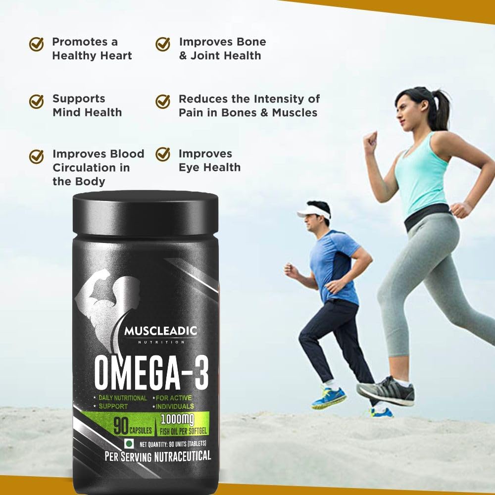 MUSCLEADIC NUTRITION Omega 3, 1000 mg Omega 3 with 360 mg EPA & 240 mg DHA, for Brain, Heart, Eyes, and Joints Health, 90 Fish Oil Capsules
