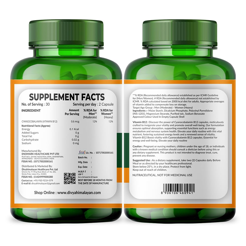 Divya Himalayan Vitamin B-12 Support Supplement, 60 Capsules, Energy Production, Immune Function, Nerve Health