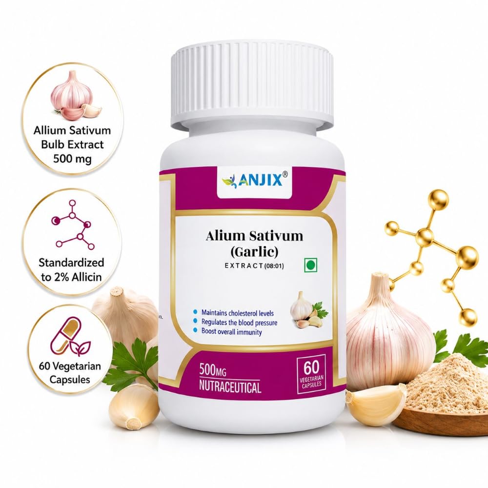 Anjix Garlic Extract, Allium sativum capsules, Supports immune health, 2% Allicin, 500 mg