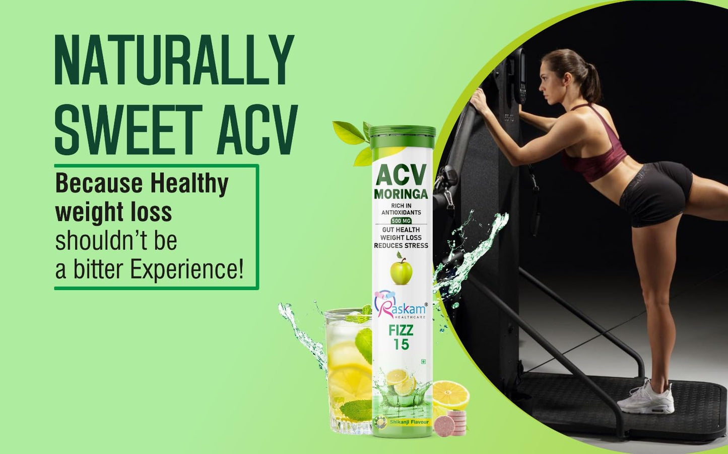 Raskam ACV Moringa 500mg Shikanji Flavour 15 Effervescent Tablets For Gut Health | Weight Loss | Reduces Stress | 100% Vegan | 15 Tablets Each (Pack of 1)