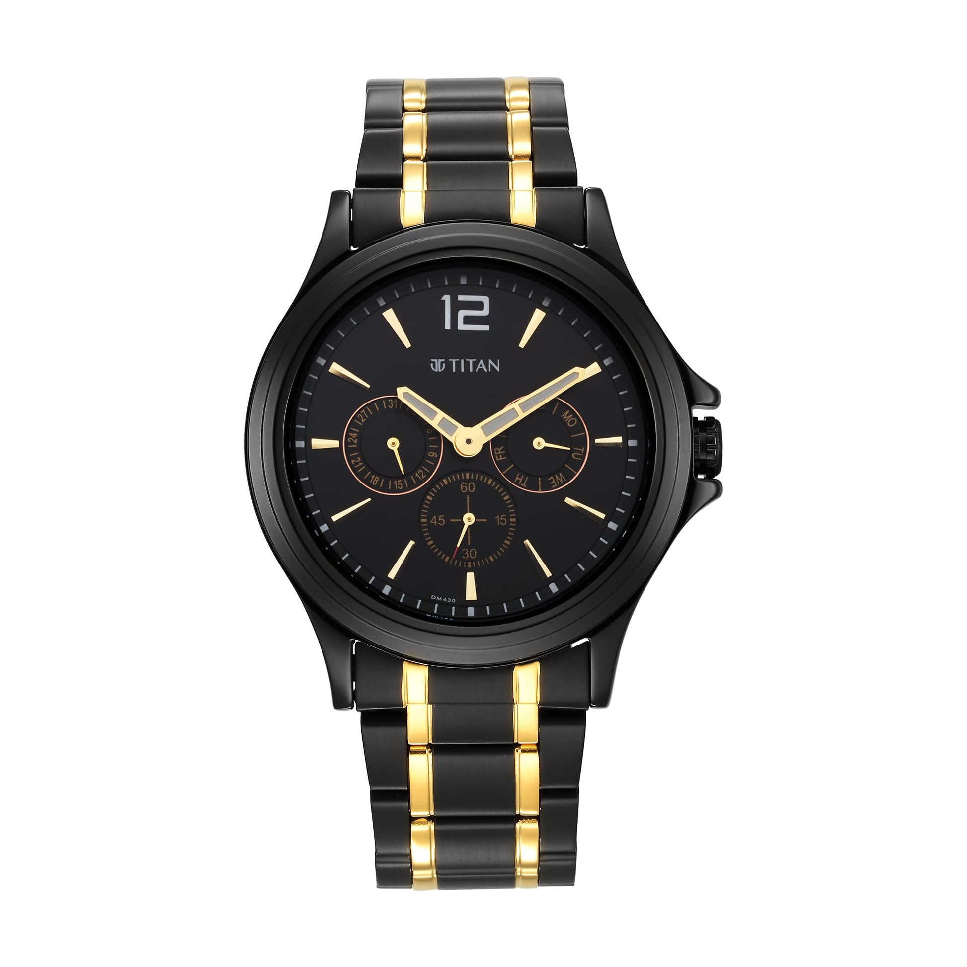 Titan Black and Gold Black Dial Quartz Multifunction Stainless Steel Strap Watch