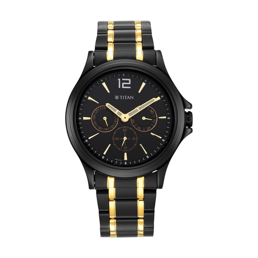 Titan Black and Gold Black Dial Quartz Multifunction Stainless Steel Strap Watch