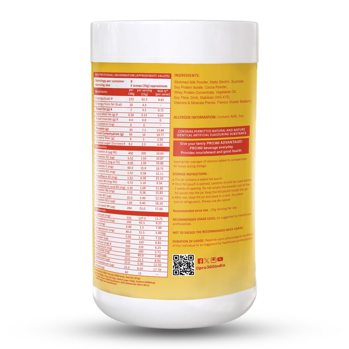 Pro360 Classic Daily Wellness Nutritional Protein Supplement Powder for Men and Women - Instant Beverage Mix - 200+200g (Kesar Badam) Pack of 2