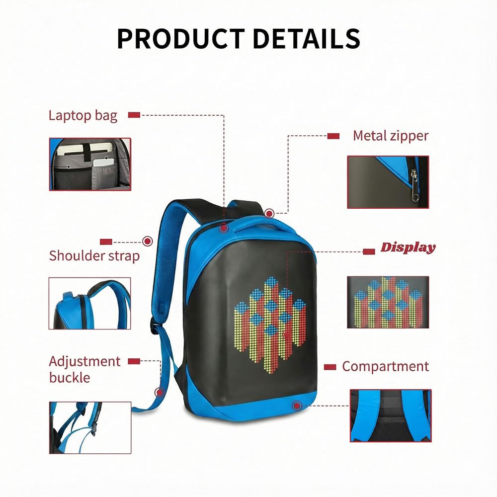 SAGEWARE Unisex LED Backpack – Custom Pixel Display Bag for Laptop, School & Fashion (20 L) Blue
