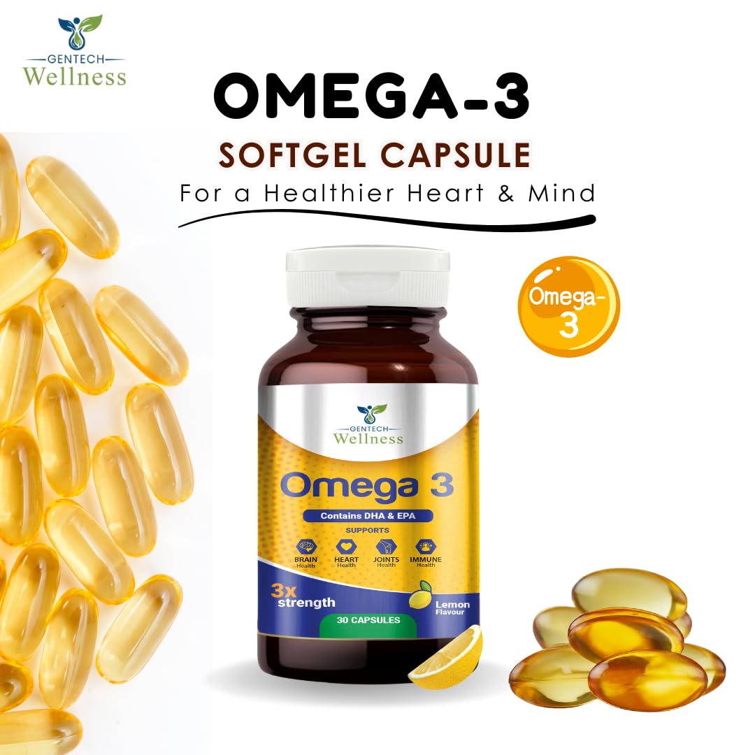 Gentech Wellness Omega 3 Fish Oil 1250mg Softgel Capsules with EPA & DHA – Triple Strength Omega 3 Supplement for Heart Health, Brain Function, Joint Support, Cholesterol & Skin Care – 30 Softgels.
