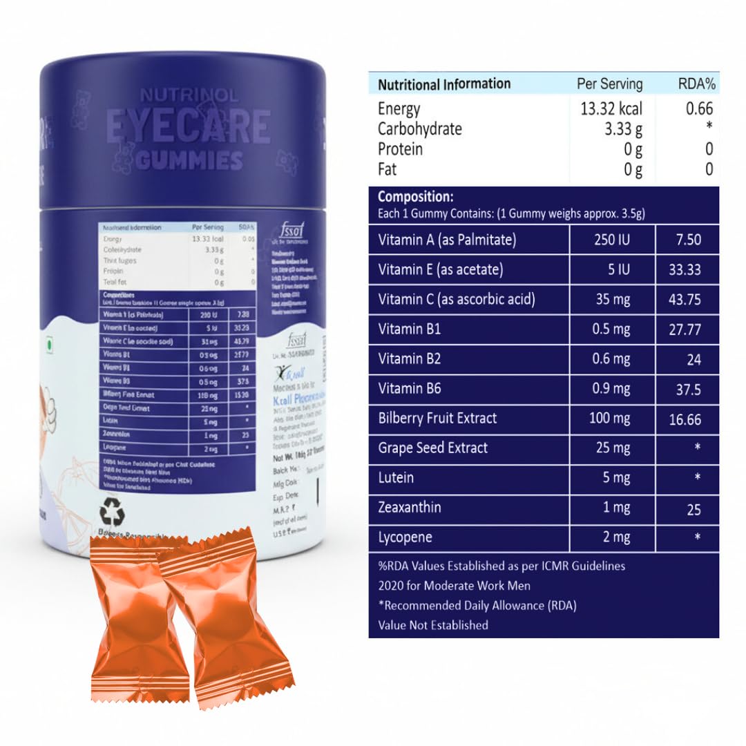 Knoll Healthcare Nutrinol Eye Defense Gummies with Lutein & Zeaxanthin | Reduces Digital Strain | Orange Flavor 30 Gummies | Eye Vision Support Supplement for Men & Women | Natural 9 Ingredients