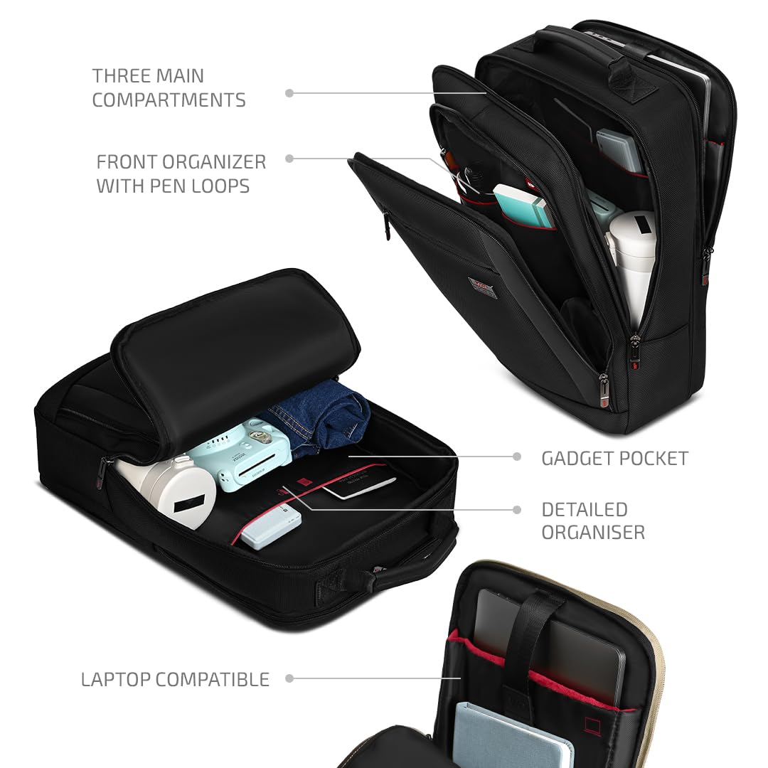 VIP VOGUE 17 Inch Compatible Laptop Backpack 27L + 5L Expandable | Water-Resistant with 3 Compartments | Padded Laptop Sleeve, Side Bottle Pocket | Office & Travel Backpack for Men & Women (Black)