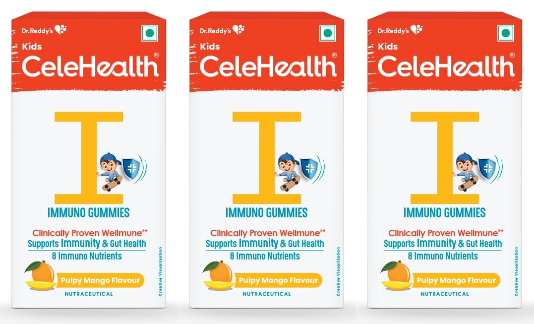 Dr. Reddy's CeleHealth Kidz Immuno Plus Multivitamin Gummies with Wellmune, Vitamin C & Zinc for Kids (4 - 12 Years) | Supports Immunity and Digestion | Pulpy Mango Flavour | 30 Gummies - Pack of 3 | 100% Vegetarian