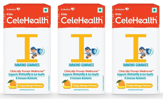 Dr. Reddy's CeleHealth Kidz Immuno Plus Multivitamin Gummies with Wellmune, Vitamin C & Zinc for Kids (4 - 12 Years) | Supports Immunity and Digestion | Pulpy Mango Flavour | 30 Gummies - Pack of 3 | 100% Vegetarian