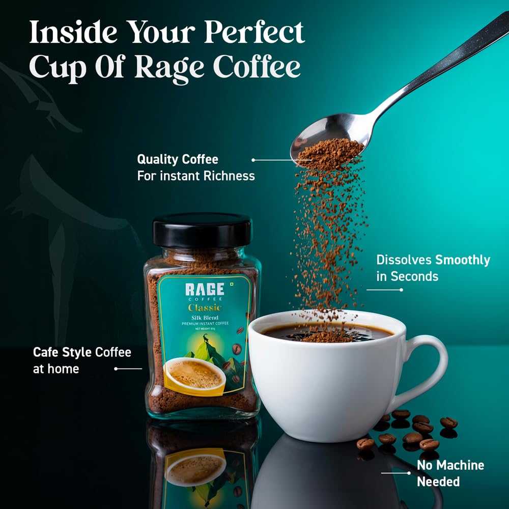 Rage Coffee Premium Silk Blend Classic Coffee Powder - 60g | Fuel Your Day with Plant-Based Vitamin Instant Coffee Powder for Enhanced Fitness, Energy, and Focus | Hot and Cold Coffee
