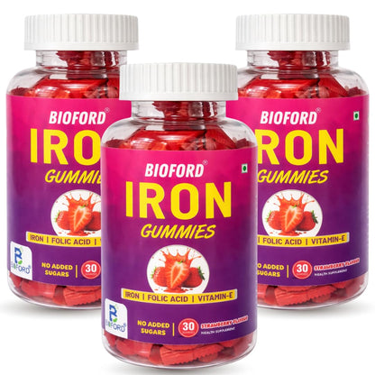 Bioford Iron Gummies With Folic Acid & Vitamin E | Strawberry Flavour | No Sugar Added | 90 Gummies | Supports Hemoglobin, Energy & Immunity