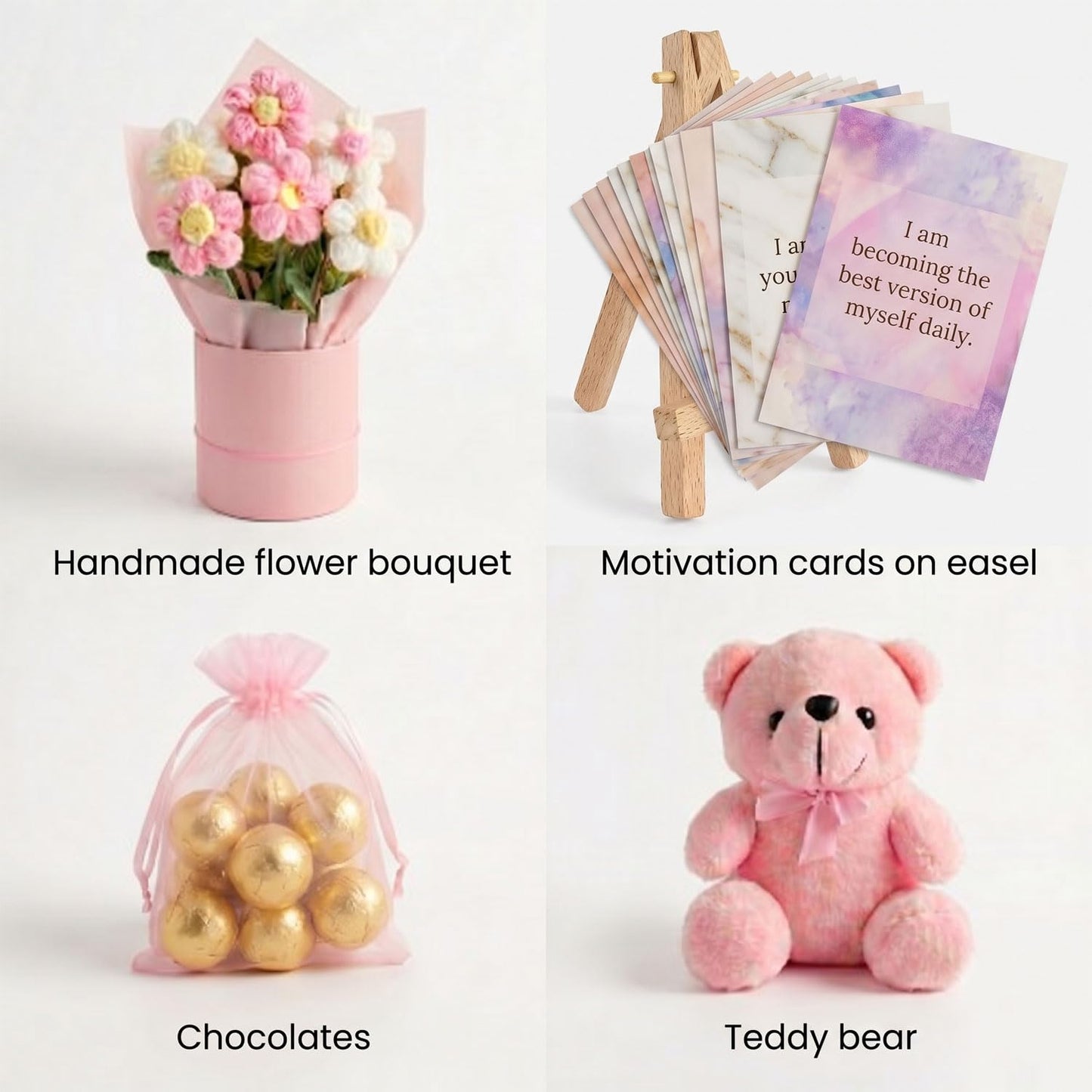Diwali Pink Gift Basket Set for Women – Gift Box with Teddy Bear, Crochet Flower Bouquet, Chocolates & Inspirational Card, Diwali Gift for Wife, Girlfriend, Mom, Sister, Behen, Cousin & Loved Ones