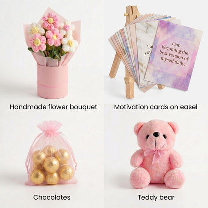 Diwali Pink Gift Basket Set for Women – Gift Box with Teddy Bear, Crochet Flower Bouquet, Chocolates & Inspirational Card, Diwali Gift for Wife, Girlfriend, Mom, Sister, Behen, Cousin & Loved Ones