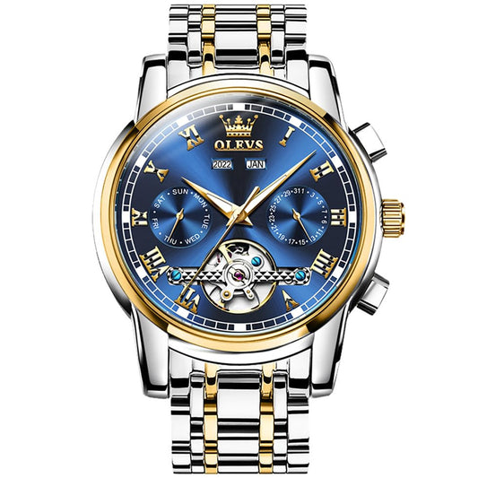 OLEVS Automatic Watch for Men Self Winding Mechanical Luxury Business Stainless Steel Multi Calendar Waterproof Luminous Wrist Watches Blue