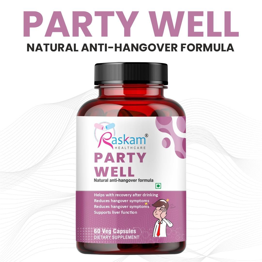 Raskam Party Well 60 Capsules- Anti Hangover Formula- Prevents hangover & Helps Support liver. Herbal Solution, Safe, Effective & Clinically Proven