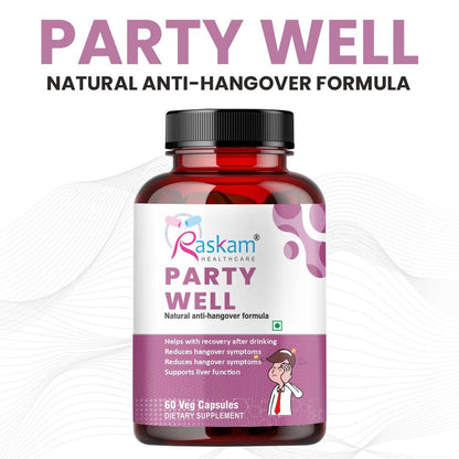 Raskam Party Well 60 Capsules- Anti Hangover Formula- Prevents hangover & Helps Support liver. Herbal Solution, Safe, Effective & Clinically Proven