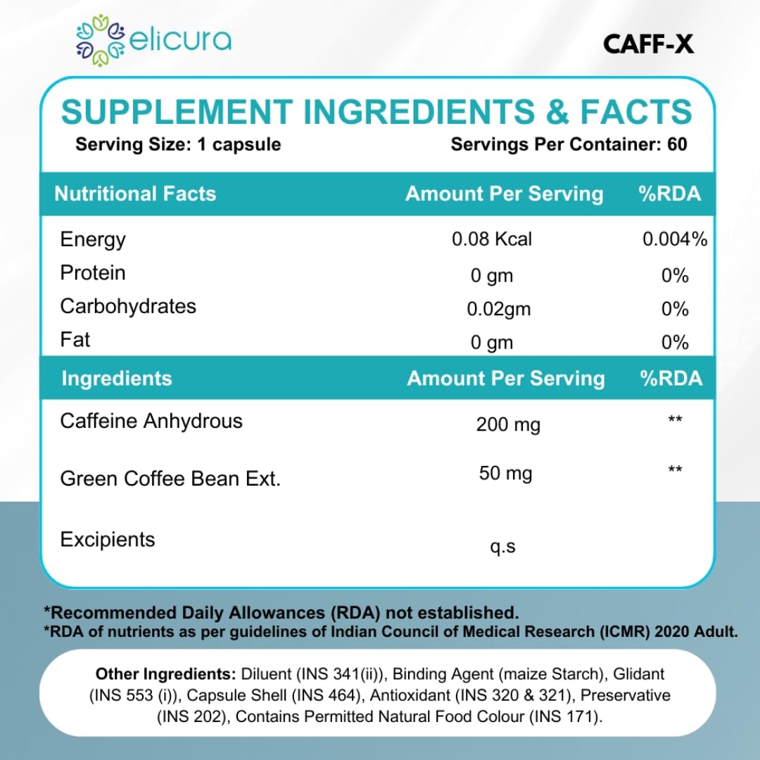 Elicura Caff-X Energy Boost Capsules | 200mg Caffeine for Focus, Mental Alertness & Performance | Green Coffee Bean Extract for Metabolism & Fat Burning | Supports Physical Endurance & Weight Management - 60 Veg Capsules (Pack of 2)